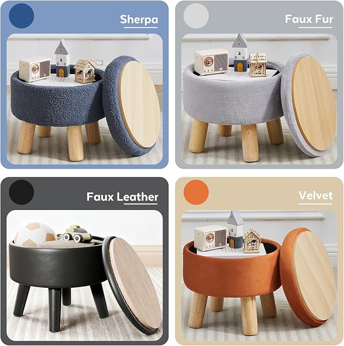 Small Foot Stool Ottoman with Storage, Velvet Ottoman Foot Rest for Couch, Round Footstool with Storage, Small Ottomans and Footstools for Living Room and Entryway (Gray)