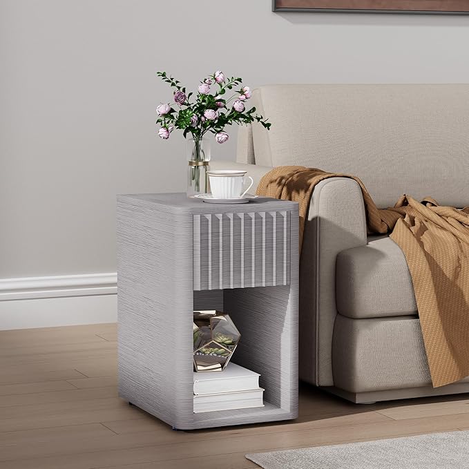 VICITON Fluted Narrow Night Stand,Thin Nightstand with Leather Surface, Small End Table with Storage, Living Room/Bed Side Table for Small Spaces (Light Gray, Normal)