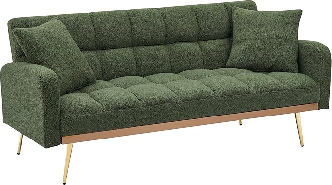 Eafurn Padded Convertible Futon Sofa Bed, Teddy Fleece Fabric Futons Loveseat Couch with Adjustable Backrest, Folding Sleeper Recliner Sofabed for Living Room Furniture | Golden Legs, Wood Frame
