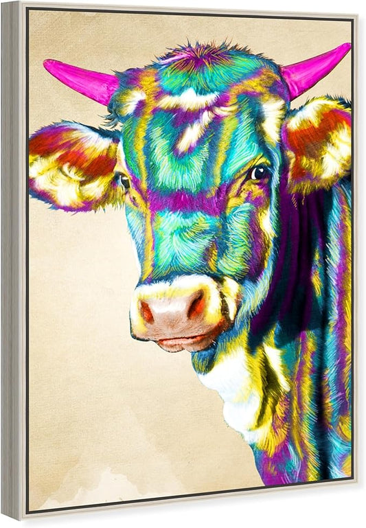 Country Farmhouse Canvas Print Painting Animal Wall Art 'Fun Colorful Glam Farm Cow' Champagne Framed Canvas Rustic Home Décor 24x36 in Green, Pink by Oliver Gal