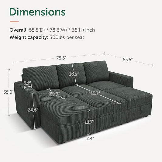 HONBAY Modular Sectional Sleeper Sofa Bed, Pull Out Couch with Storage Ottoman, U Shaped Sectional Couches for Living Room, Green