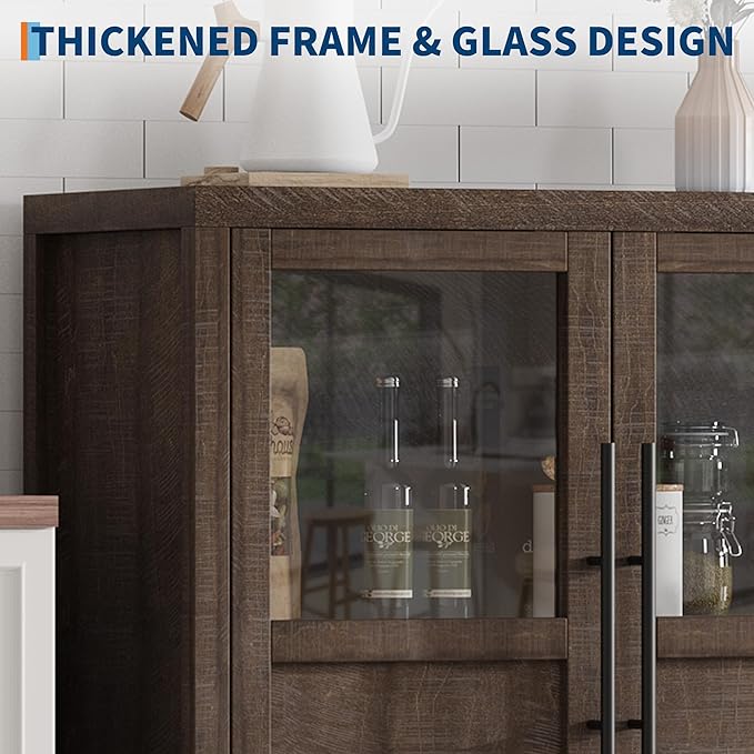 GarveeHome Sideboard Buffet Cabinet with 4 Glass Doors, 55 in Buffet Table Coffee Bar Wine Bar Display Cabinet for Kitchen Dining Room, Living Room (Glass with 4 Doors, Brown)