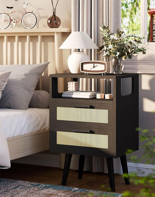 YMYNY Rattan Nightstand Set of 2, Boho Side Table with 2 Drawers, Open Shelf Unit with Arched Design, Solid Wood Legs, Storage Cabinet for Bedroom, Black UHST015B-2