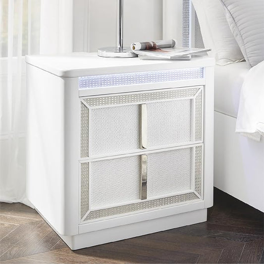 Signature Design by Ashley Chalanna Glam 2 Drawer Nightstand with Felt-Lined Top Drawer, LED Lights, Power Supply and USB Ports, 26.75" Tall, White