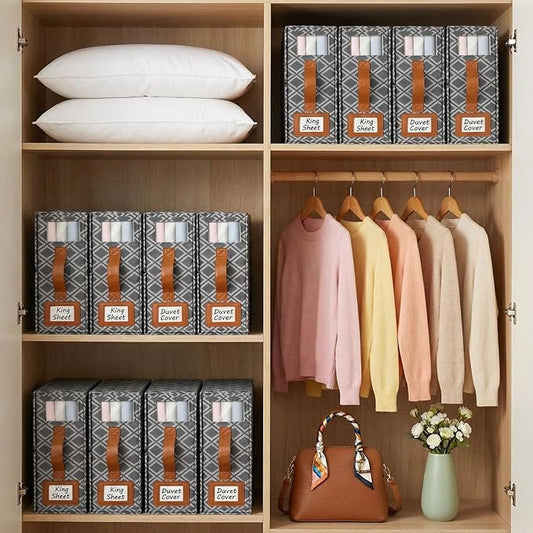 6 Pack Bed Sheet Organizers and Storage, (King & Queen Size) Sheet Organizer for Linen Closet, Foldable Bedding Storage Box with Window for Bedsheets, Duvet Cover and Pillowcase (Dark Grey 6 Pack)