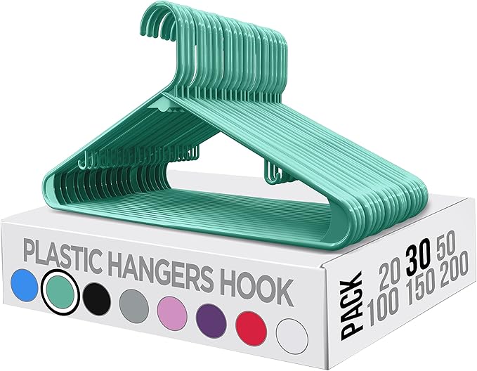 Utopia Home Plastic Hangers 30 Pack - Clothes Hanger with Hooks - Durable & Space Saving (Aqua)