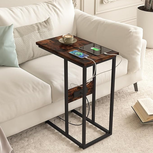 VECELO C Shaped End Table with Charging Station & Power Outlets, Quick Access Side Table for Sofa, C Bedside for Living Room Bedroom 2 Set,Brown