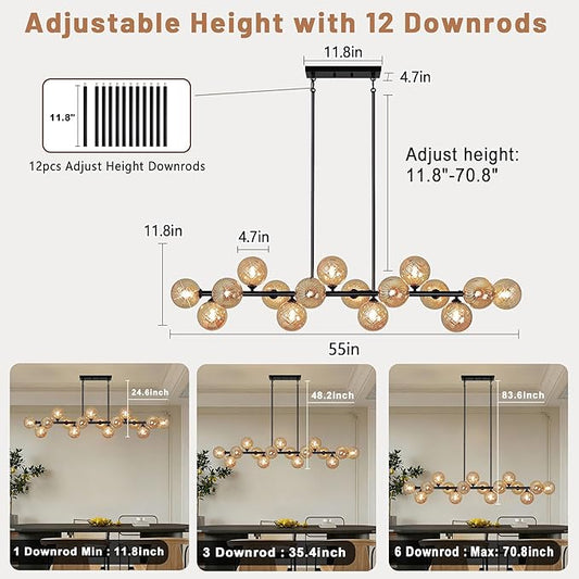 Linear Sputnik Chandelier, 55" Dining Room Light Fixture Modern Chandelier with Amber Swirled Globe 16 Lights Long Chandeliers for Dining Room Kitchen Island Large Chandelier for High Ceilings