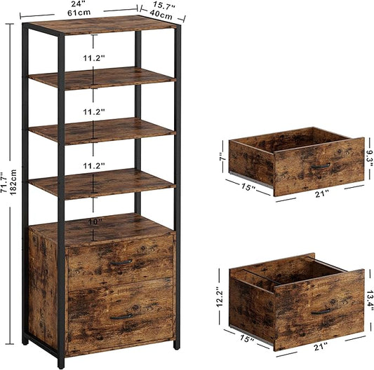 IRONCK Industrial Bookcase with File Cabinet Drawers, 71.6 in Tall Bookshelf 5 Tier, Freestanding Storage Home Office Cabinet Organizer, Rustic Home Decor, Vintage Brown