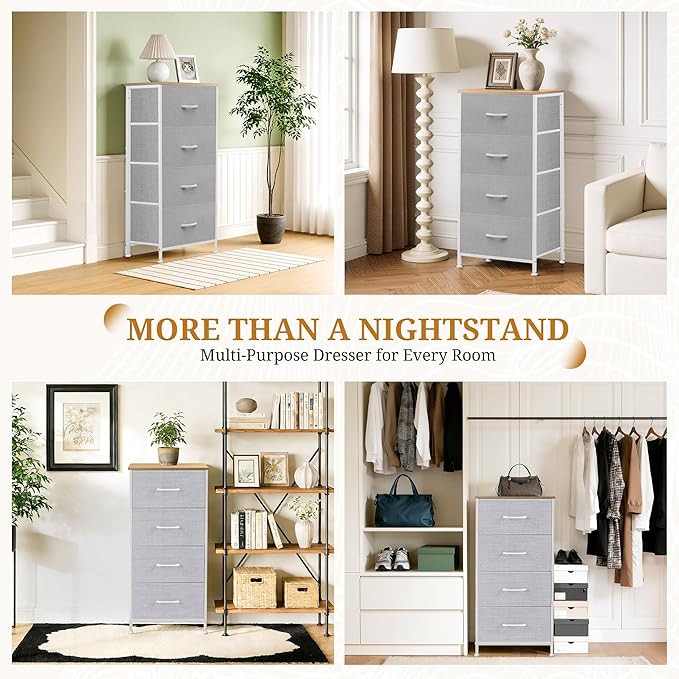 Nightstand with 4 Fabric Drawers, 37.4" H Tall Narrow Bedside Table with Wooden Top Steel Frame for Bedroom, Dorm, Closet, Living Room, Light Grey
