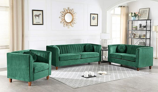 Container Furniture Direct Arvilla Velvet Chair with Bolster Pillows, Soft Upholstery, Mid Century Modern Design, Chesterfield-Inspired Accent Armchair for Living Rooms, Pine Green
