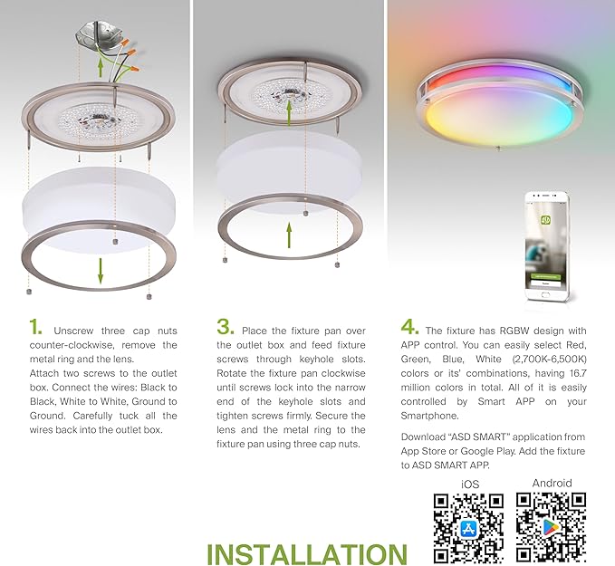 ASD LED 18" Round Flush Mount Lighting, Close to Ceiling Light Fixture | Smart, Multicolor, Dimmable, ETL Listed | 28W 1844LM RGB-2700-6500K 120V | Low Profile Double Ring Lamp | Nickel