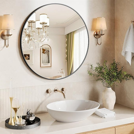 IDEALHOUSE 30Inch Black Round Wall Mirror, Circle Mirror Metal Frame for Bathroom, Vanity, Entryway, Bedroom, Living Room, Wall Mounted Modern Rustic Decor
