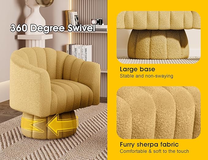 360 Degree Sherpa Swivel Cuddle Barrel Accent Sofa Chairs, Round Teddy Armchairs with Wide Upholstered, Furry Boucle Reading Chair for Living Room, Bedroom, Office, Waiting Rooms (Mustard)