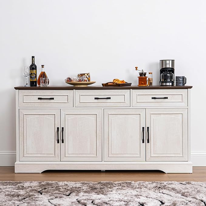 Large Buffet Sideboard Cabinet, 66 inch, 4 Doors and 3 Drawers, 65.8 x 15.8 x 31.9 inches (Wood Door, White Walnut Grain)