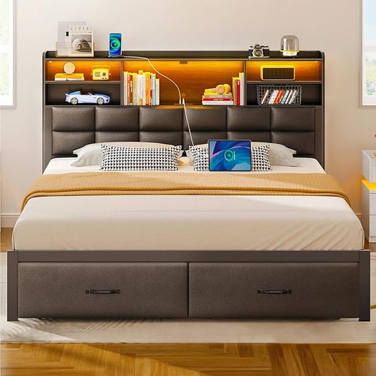 Rolanstar Bed Frame Queen Size with Drawers and Charging Station, Upholstered Platform Bed with Storage Headboard and LED Light, Heavy Duty Metal Frame Support, No Box Spring Needed, Noise Free, Black