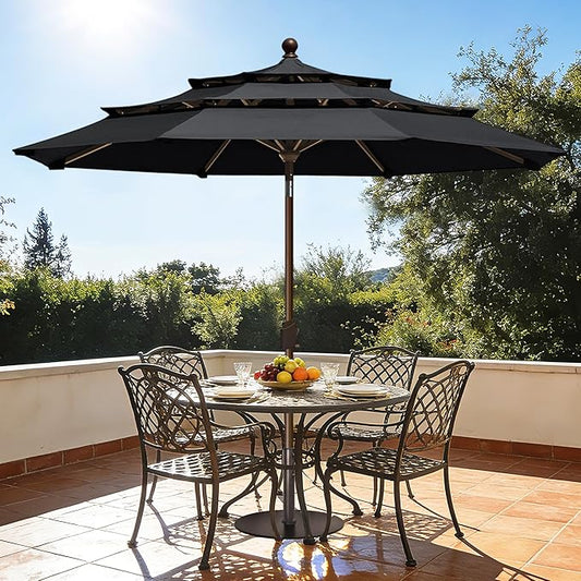 EliteShade USA 10-Year-Non-Fading 10ft 3-Tier Market Patio Umbrella, Commercial Grade Outdoor Table Umbrella with Crank Open, Windproof & UPF 50+ UV Protection, Heavy Duty Ventilation for Garden, Deck, Pool, Backyard, Beach & Bistro, Black