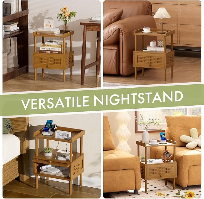 Amazer Bamboo Nightstand with Charging Station, Bedside Table with USB Ports & Outlets, End Table, Night Stand for Bedroom Lift-Up Drawer & Open Shelf, Walnut Brown
