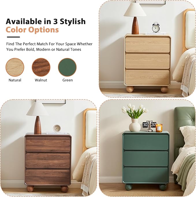 AVZEAR Set of 2 Modern3 Drawer Dresser for Bedroom, Curved Wooden Dresser Chest of Drawers, 3 Drawer Nightstand Closet Clothes Storage Organizer for Kids Bedroom, Living Room, Nursery, Green