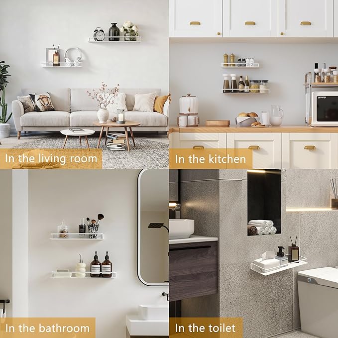 Small Shelf for Wall, Small Floating Shelf, Black Wall Shelves, Metal Bathroom Shelves, Metal Floating Shelves for Bathroom Bedroom Kitchen (White, 8Inch)