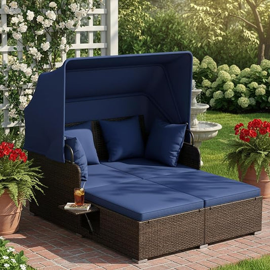 Tangkula Patio Rattan Daybed with Retractable Canopy, Outdoor Wicker Sunbed with 2 Foldable Side Tables, Thick Seat & Back Cushions, Outside Double Daybed for Garden, Backyard, Porch, Navy & Brown