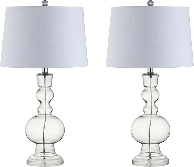 JONATHAN Y 28.5" Clear Glass Table Lamp Set of 2 for Living Room Bedroom Decor, Modern Bedside Lamps with White Linen Shade, LED Bulbs Included (JYL1061B-SET2)