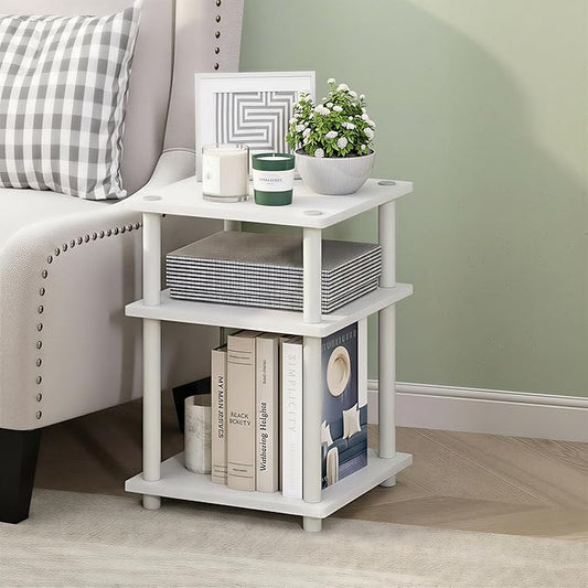 Furinno Turn-N-Tube Side Table, 3-Tier Square Modern End Table, Toolless Open Shelves Nightstand, Night Stand, Bedside Table, Easy Assembly, for Living Room, Bedroom, White