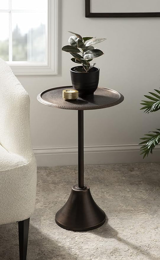 Kate and Laurel Sanzo Modern Pedestal Side Table, 15 x 15 x 24, Bronze, Decorative End Table with Hammered Tabletop for Use as a Bedroom Nightstand or Living Room Accent