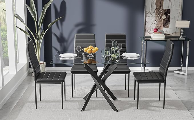 Tempered Glass Dining Table with Black Metal Legs, 47in Modern Rectangular Kitchen Table for Kitchen Dining Room Home Office (47.24 * 27.55, Black)