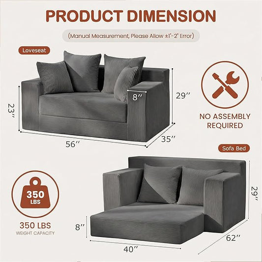 Convertible 5 in 1 Futon Sofa Bed Full Size, Corduroy Boneless Couch Sleeper Sofa with 4 Pillows, Foldable Pull Out Loveseat Floor Mattress for Living Room, Apartment, Small Space & Dorm