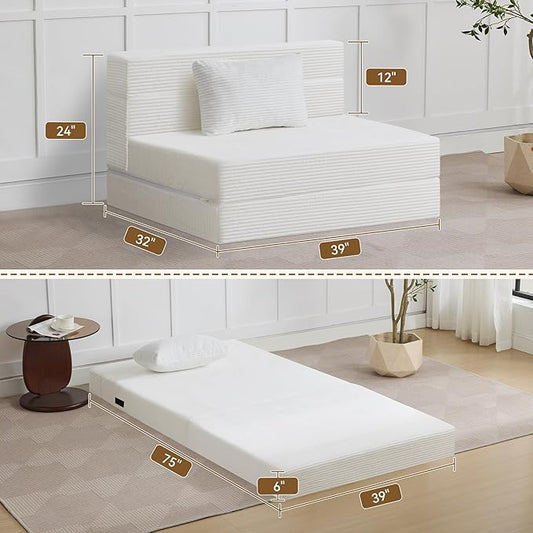 WUTUTUEE Folding Sofa Bed Convertible Floor Couch Foldable Chair Bed with Pillow,Linen Sleeper Chair Futon,Foldable Memory Foam Mattress for Bedroom/Living Room/Dorm/Office (Corduroy White, Standard)