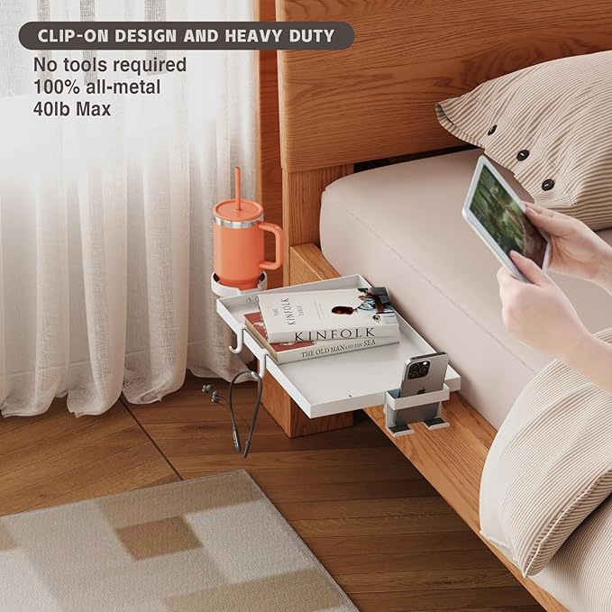 Bedside Shelf Foldable, Metal Clip-On Bed Shelf for Top Bunk Heavy Duty Bed Side Table Tray for College Dorm Essentials, Loft Nightstand Organizer Tray with Removable Cup & Phone Holder(White)