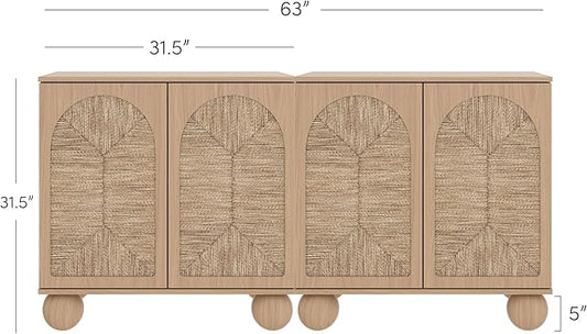 Nathan James Leah Boho TV Stand or Sideboard Cabinet for Kitchen or Living Room with Ball-Style Feet, Natural Seagrass Door Fronts and Solid Wood Legs, Raw Oak, Set of 2