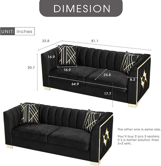 KEIKI 2-Piece Luxury Chesterfield Sofa Set with 2 Oversized Velvet 3-Seater Sofa, Upholstered Modern 6-Seater Button Tufted Couch Set with 4 Pillow, Gold Stainless Decoration, for Living Room, Black