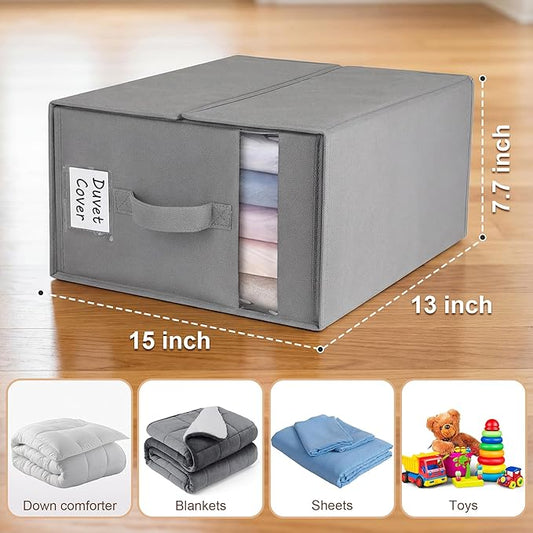 6 Pack Large Bed Sheet Organizers and Storage, (King & Queen Size) Sheet Organizer for Linen Closet, Foldable Bedding Storage Box with Window for Bedsheets, Blanket, Duvet Cover Grey