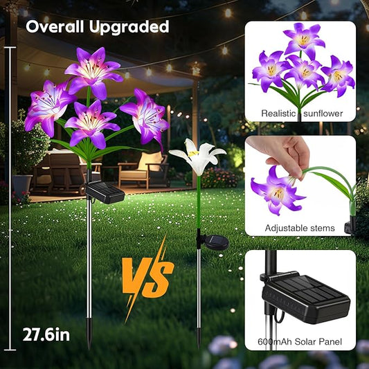 4 Pack Solar Flowers Lights Outdoor Waterproof with Lily, Yard Decorations Outdoor Garden Decor, Solar Garden Lights Outdoor Decor