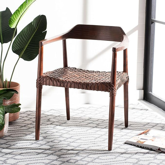 SAFAVIEH Home Collection Munro Walnut Sungkai Wood/Cognac Leather Woven Accent Chair (Fully Assembled)