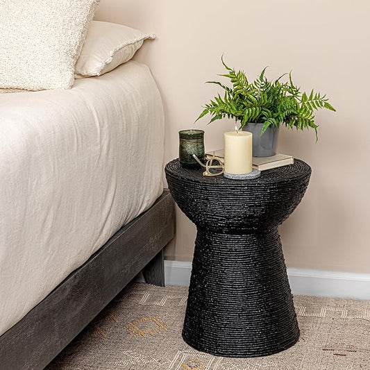 Creative Co-Op Round Handwoven Corn Rope Side Table, Black