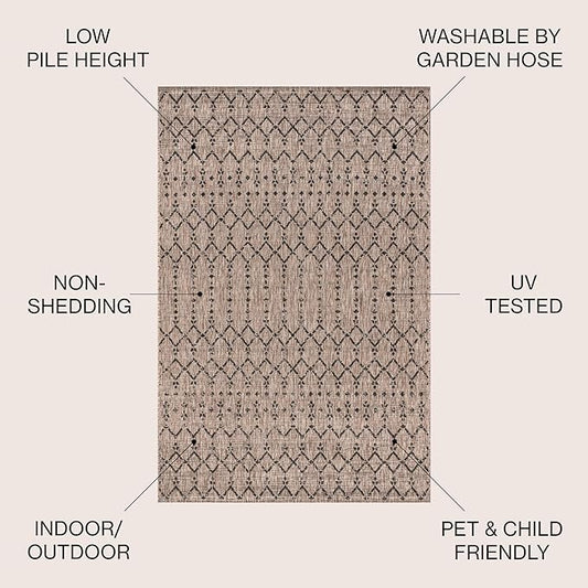 JONATHAN Y Moroccan Geometric Indoor Outdoor Square Area Rug 8X8 Natural/Black, Ourika Textured Weave for Backyard, Patio, Porch, Easy-Cleaning, High Traffic Pet-Friendly, Non-Shedding SMB108D-8SQ