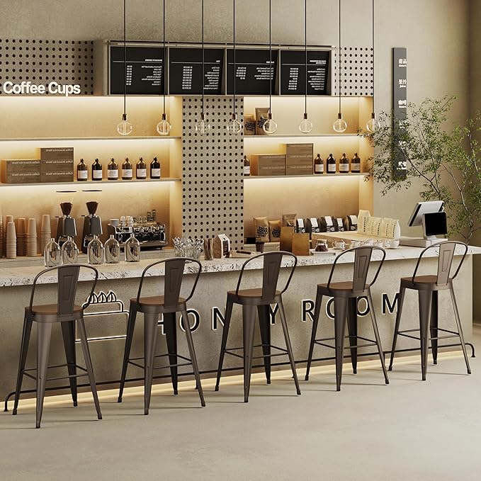 Andeworld Metal Bar Stools Set of 4, 26 inch Counter Height Barstools with Backs Farmhouse Modern High Back Bar Stools with Larger Seat Kitchen Dining Bar Chairs,Rusty