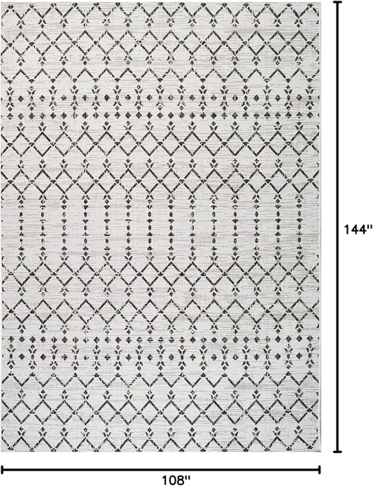 JONATHAN Y Moroccan Geometric Indoor Outdoor Area Rug 9X12 Cream/Black, Ourika Textured Weave for Backyard, Patio, Porch, Easy-Cleaning, High Traffic, Pet-Friendly, Non-Shedding (SMB108I-9)