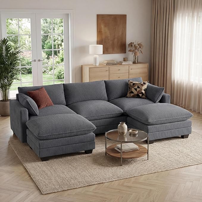 Gizoon 110'' U Shaped Corduroy Comfy Sectional Couches for Living Room 3 Seater Cloudy Sofa with 2 Movable Ottomans Pet Friendly Cloud Couch for for Living Room Bedroom and Apartment, Gray