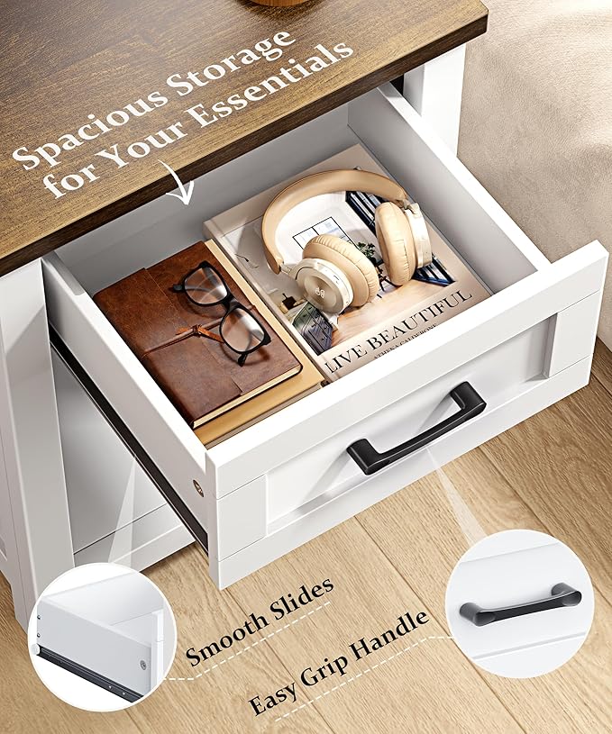 Farmhouse Nightstand with Charging Station & Large Storage, Set of 2 Modern End Tables with Outlets, USB Ports and Type-C Ports, Easy Assembly for Bedroom (Pure White + Walnut)
