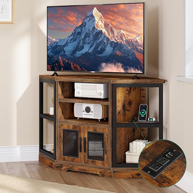 YITAHOME Corner TV Stand for TVs up to 50 Inch with Power Outlet, Modern Farmhouse Entertainment Center, Wood TV Media Console with Storage Cabinets Shelves for Living Room, Retro Brown