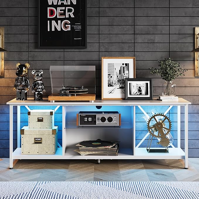 WLIVE Industrial TV Stand with LED Lights for Up to 65" TVs, Waterproof & Scratch-Resistant, Adjustable Shelves, Modern Entertainment Center for Living Room, White