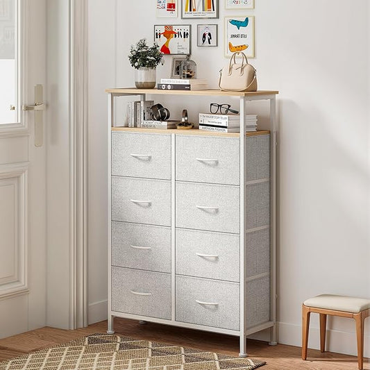 DUMOS Fabric Dresser for Bedroom with 8 Drawers, Tall 8-Drawer Chest of Drawers with Raised Shelf, Storage Tower with Fabric Bins for Closet Organization, Hallway Storage, Light Grey