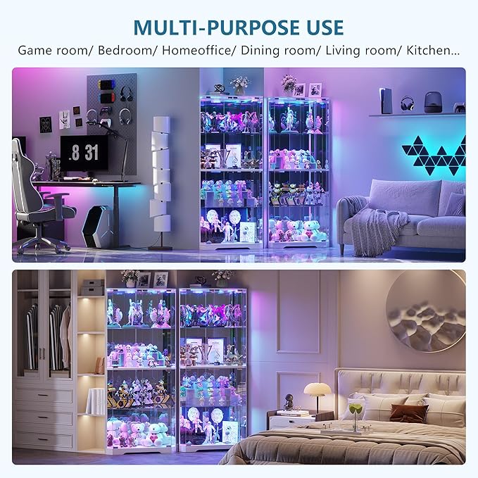 Corner Display Cabinet with Glass Doors, 64.7" Tall Curio Cabinet with RGB Lights for Collectibles, 4-Tier Showcase Display Case with Human Sensor for Toys, Books, White