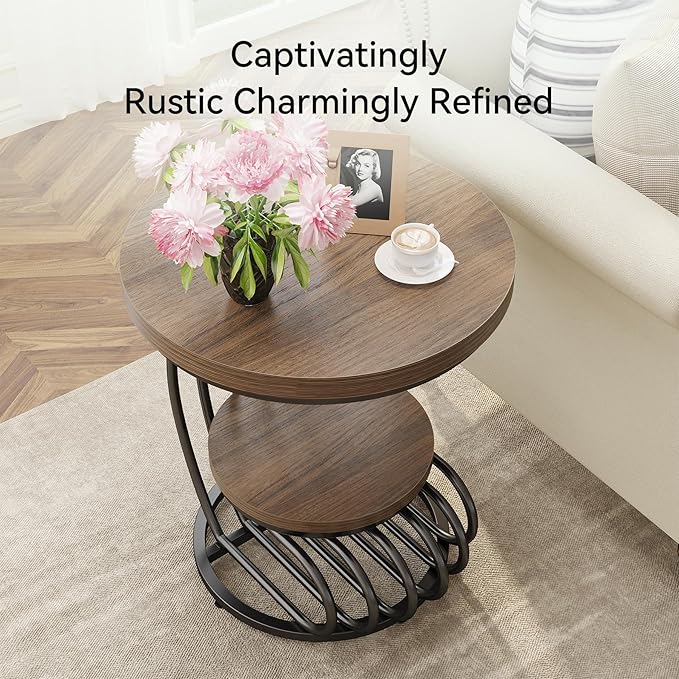 LITTLE TREE Round Side Table, Wood End Table with 2-Tier Storage Shelf, Accent Coffee Table, Creative Curved Metal Frame End Table for Small Spaces, Living Room, Bedroom, Light Brown + Black