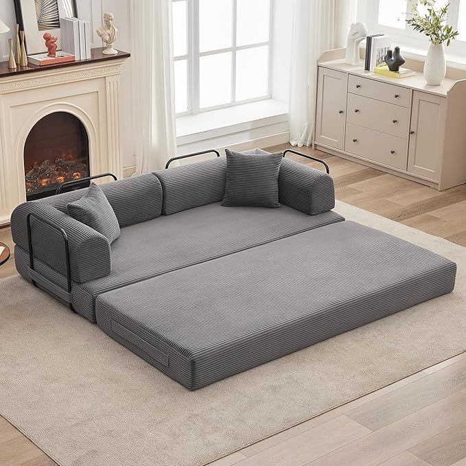 GarveeHome 79" Convertible Sleeper Sofa Bed Couch, 4-in-1 Boneless Corduroy Folding Sofa Bed with Pillow & Fixed-Shape, Floor Mattress Couch Loveseat for Living Room Apartments - No Assembly, Gray