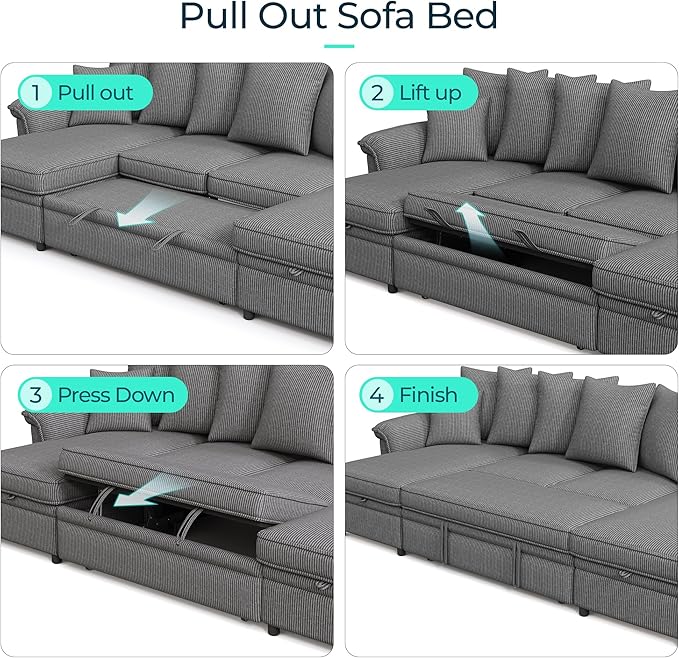 LINSY HOME Oversized Sectional Sleeper Sofa with Pull Out Couch Bed (Gray, 118.5'') | USB Charging, Pillow-style Armrest, Multiple Cushions, Storage Chaise, Corduroy Fabric